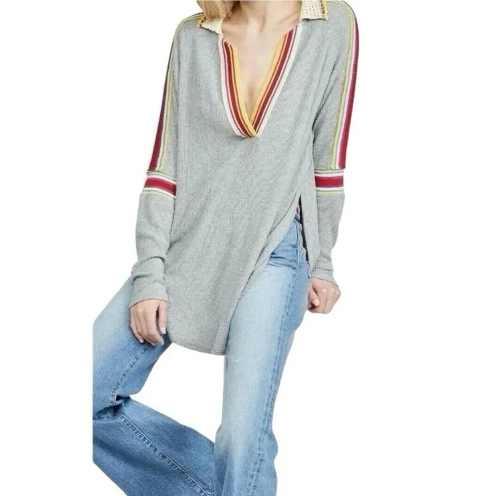 FP Feeling Magical Grey Ribbed Oversized Tunic Crochet Collar Racing Stripe - Picture 6 of 13